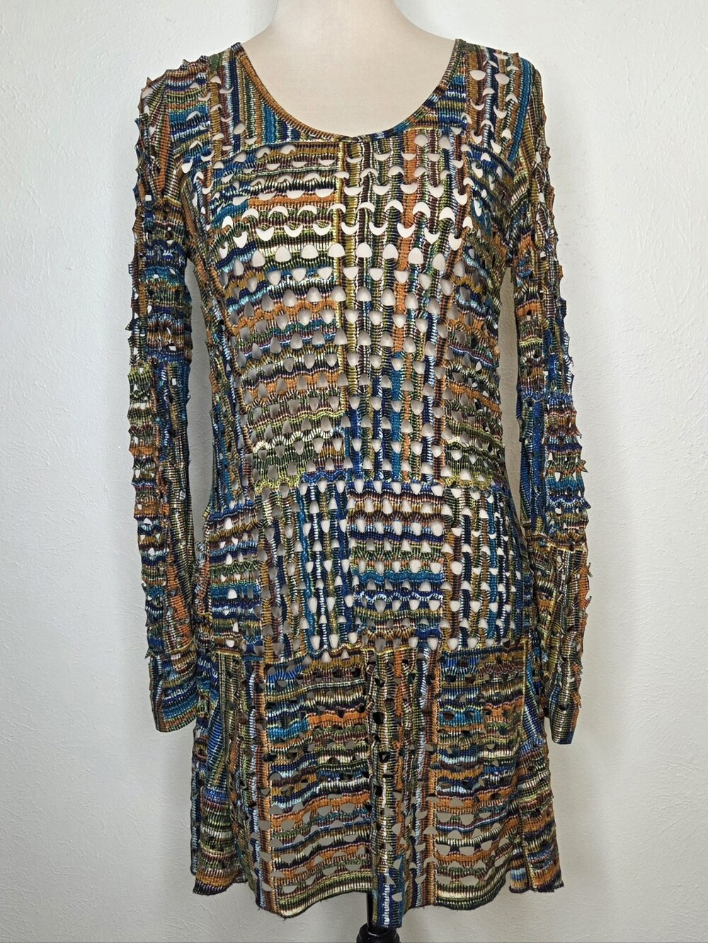 Adore Open Knit Mesh Mini Dress Medium Multicolor Artsy Boho Lagenlook Stretch M